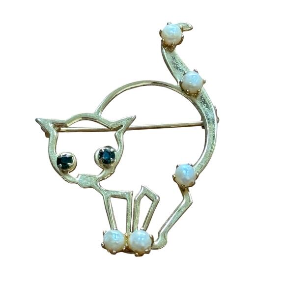 Halloween Scared Cat Brooch Gold Tone Pearl Beads Rhinestone Eyes Novelty Pin - Picture 1 of 5